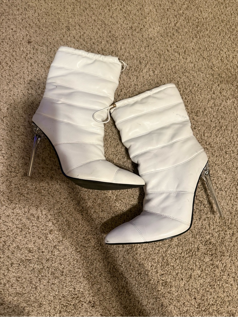 EGO White Quilted Pointed Ankle Boots with Clear Stiletto Heel